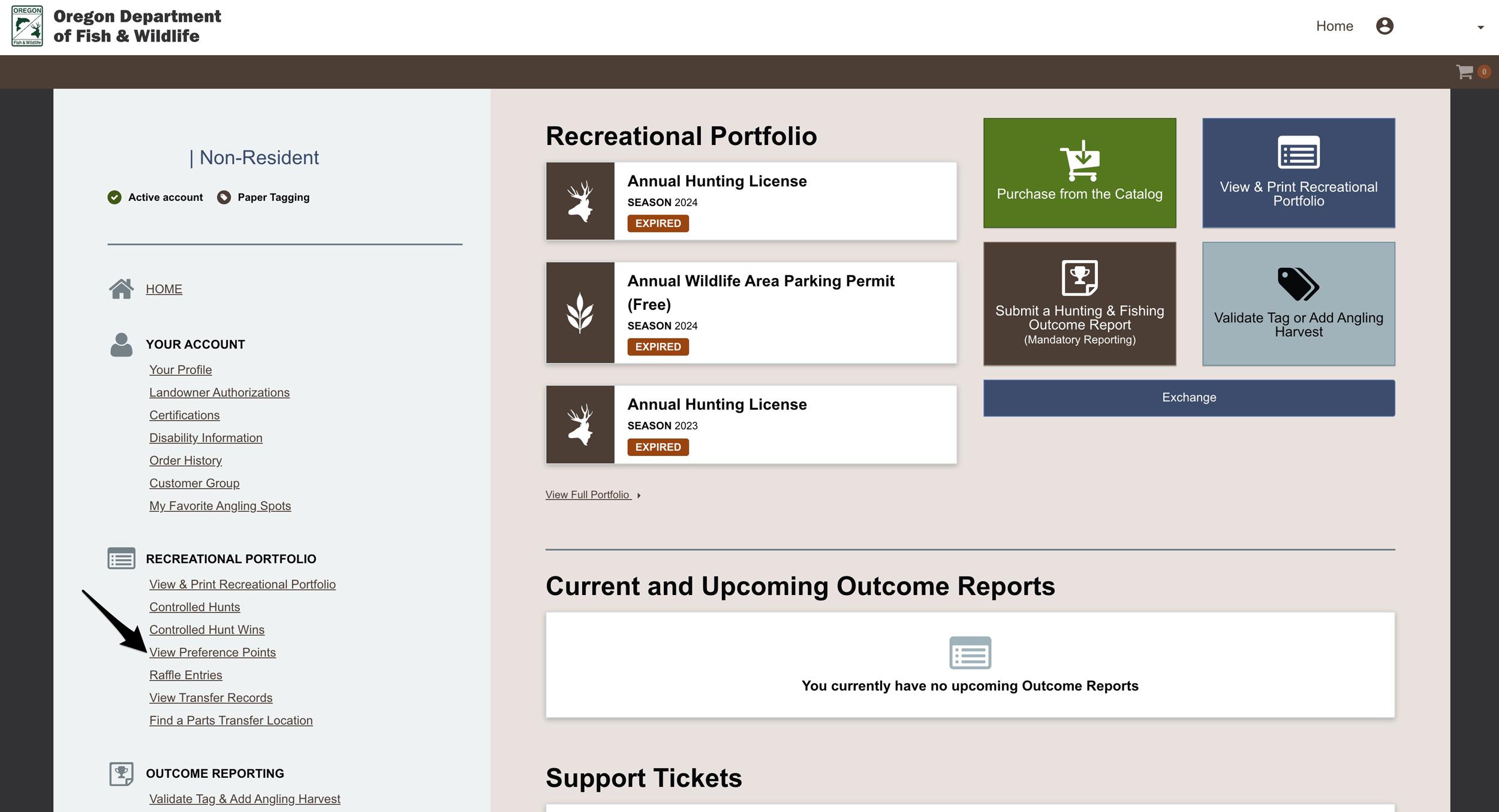 Oregon user account page to look up hunting preference points
