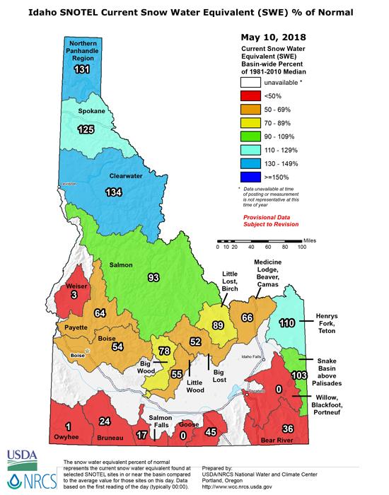 Idaho snow water equivalent percent of normal may 2018_0
