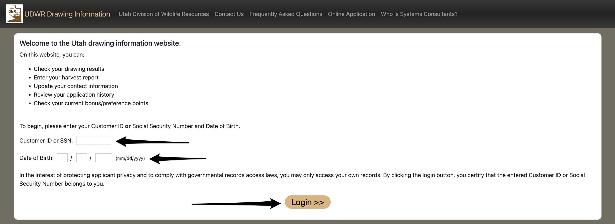 Login to your Utah hunting and licensing account