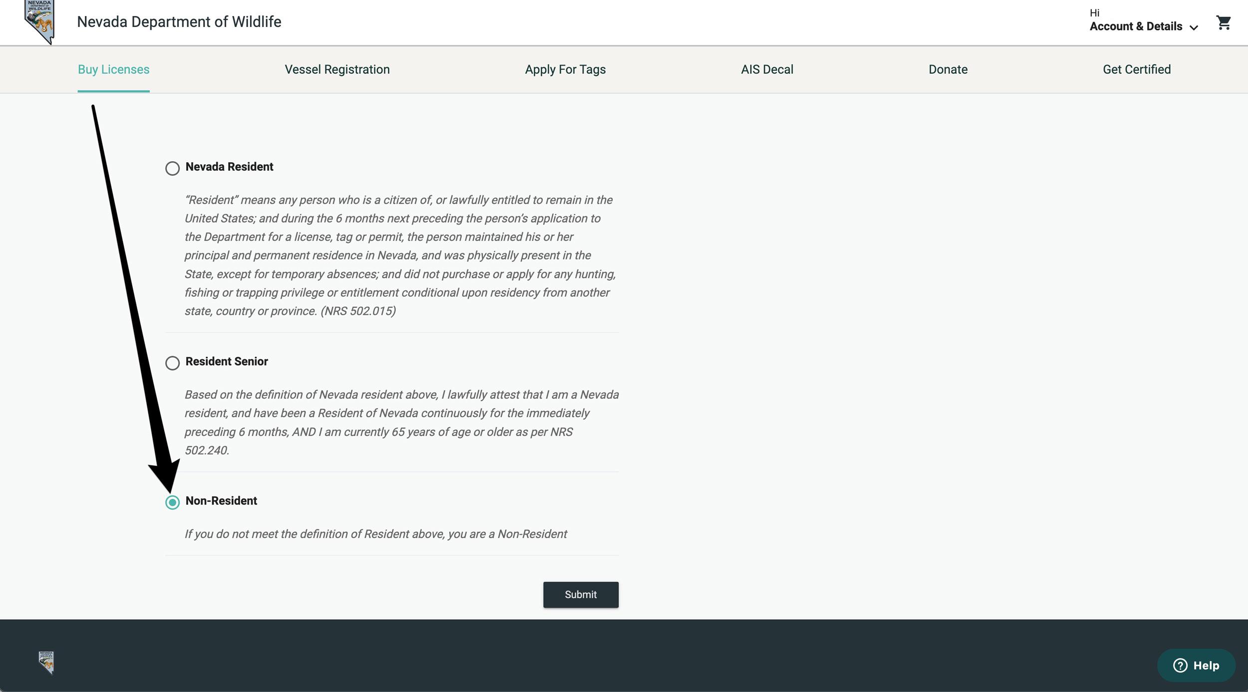 Selecting residency of Nevada to purchase hunting license