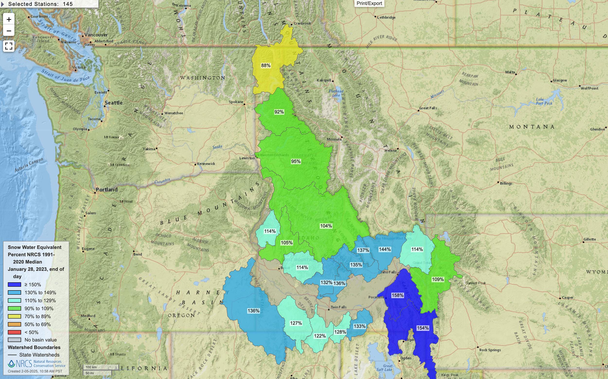 Idaho January 28, 2023 snow water equivalent percent map