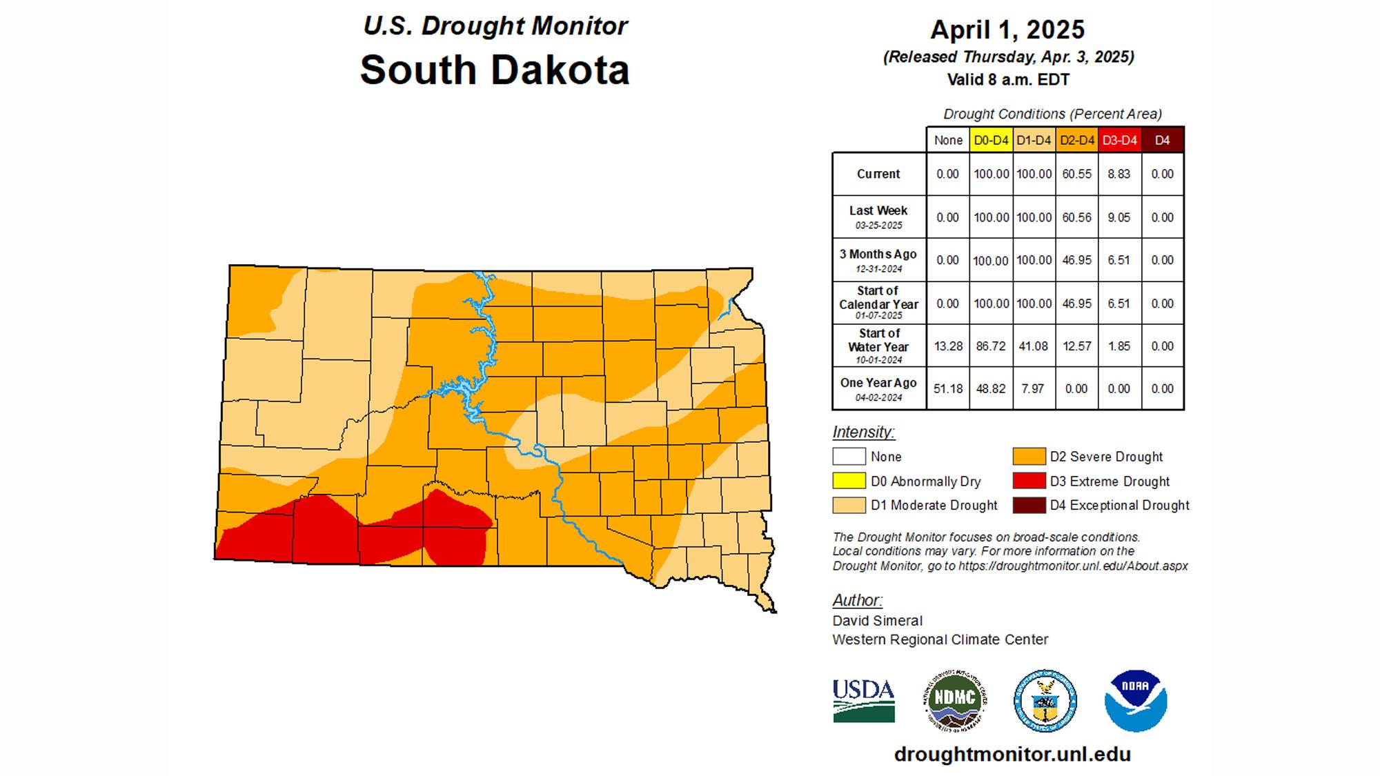 South Dakota early April 2025 drought status map