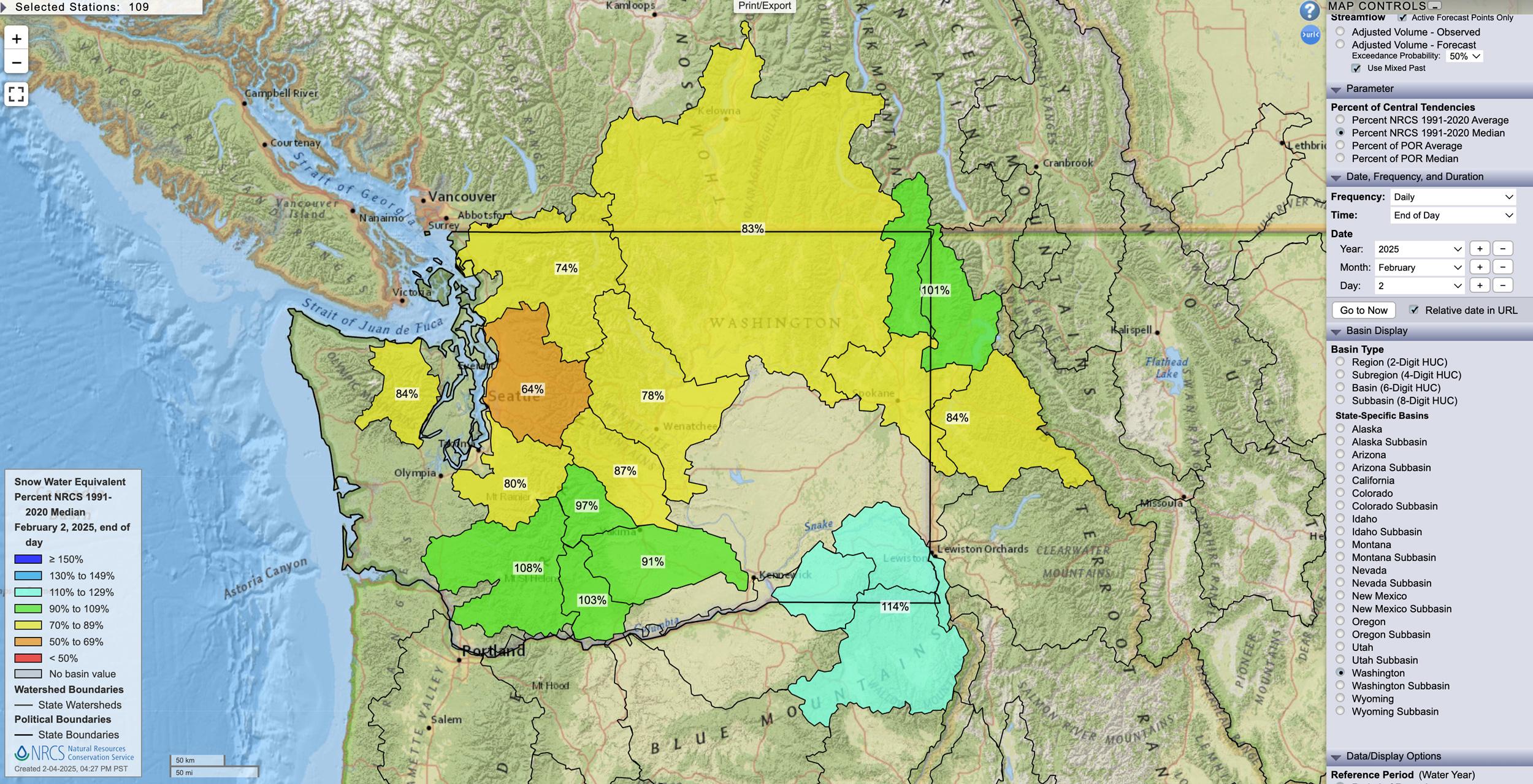 Washington February 2, 2025 snow water equivalent percent map