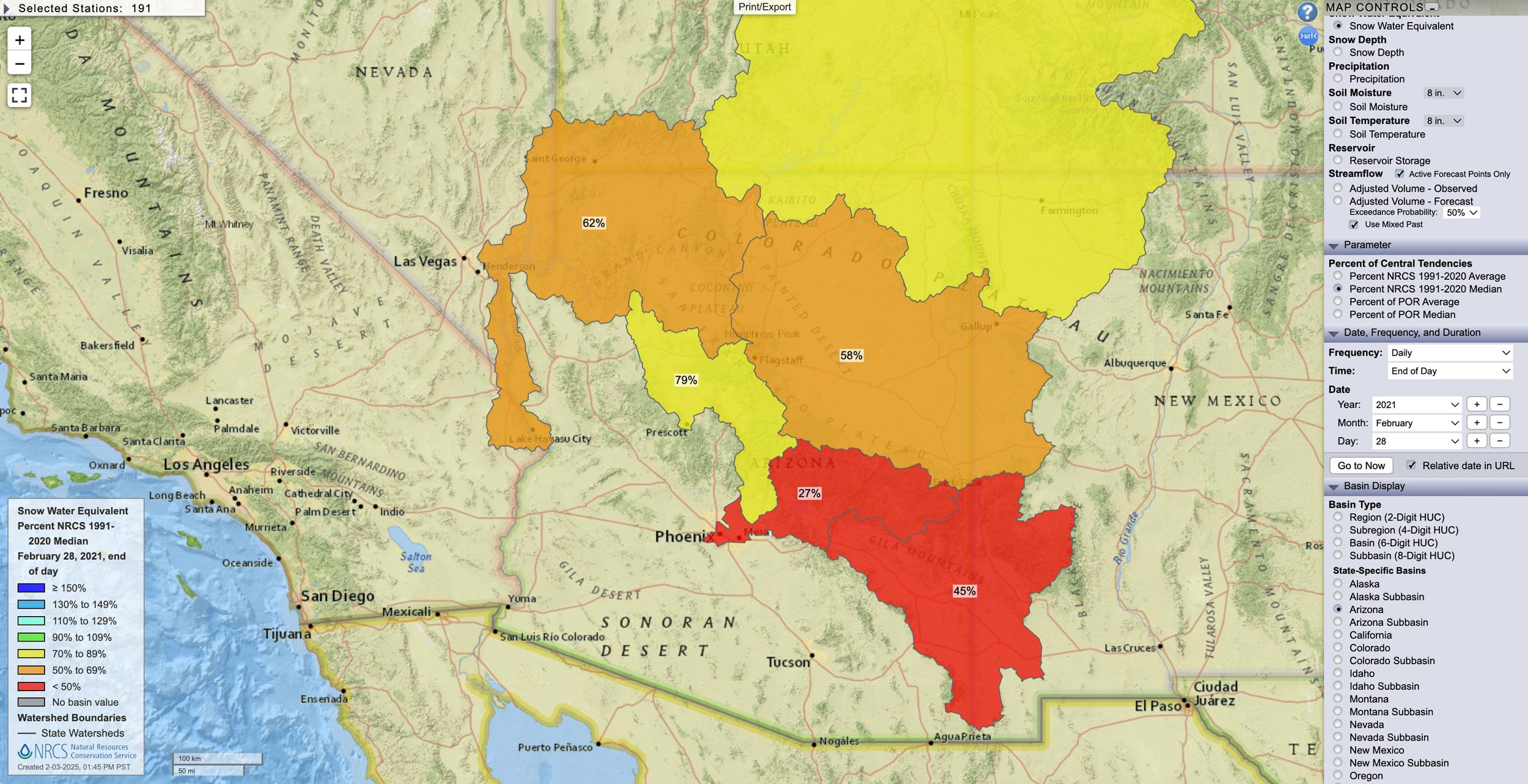 Arizona February 28, 2021 snow water equivalent percent map