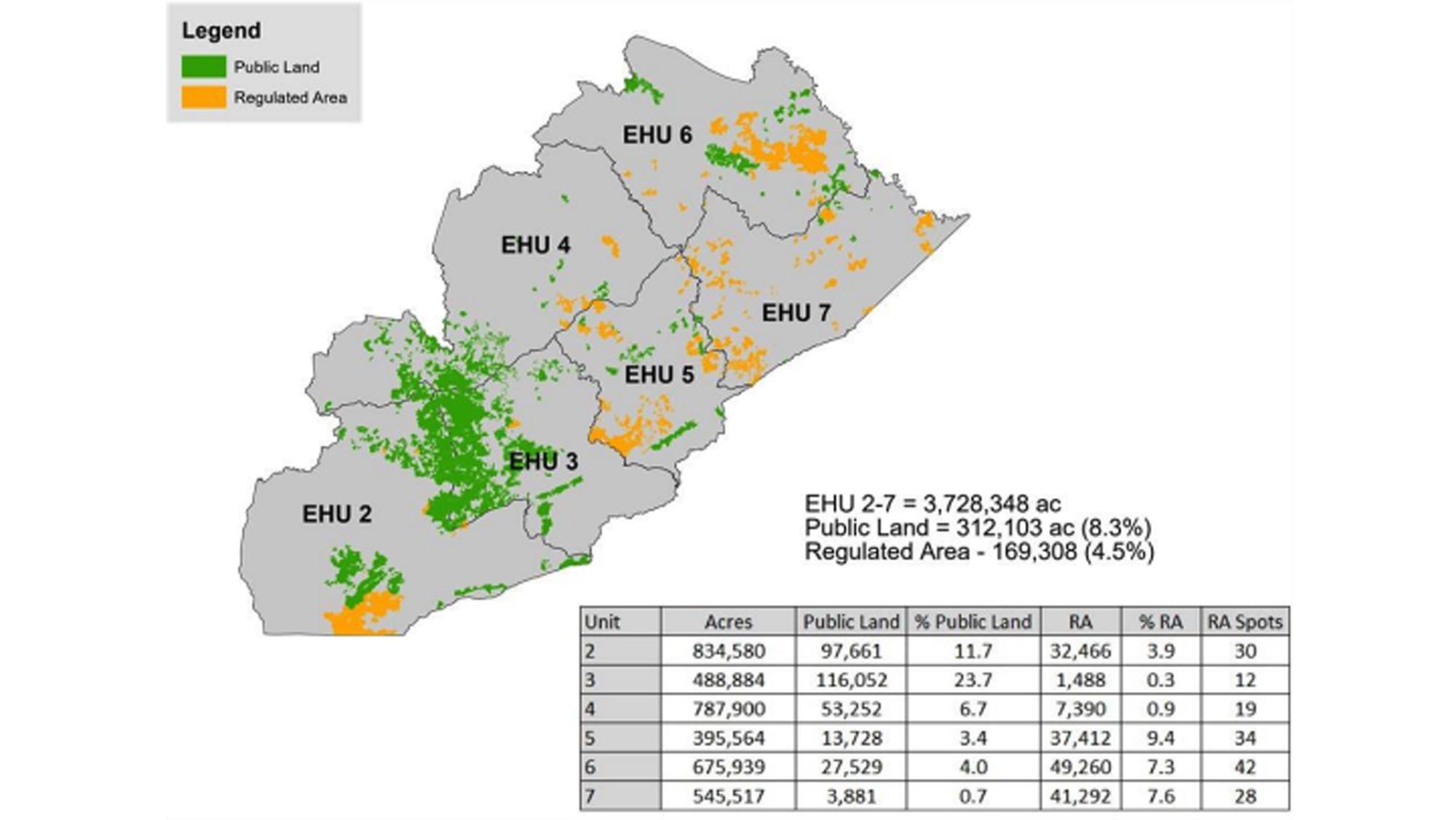 Map showing public land and regulated land within Kentucky elk restoration zone