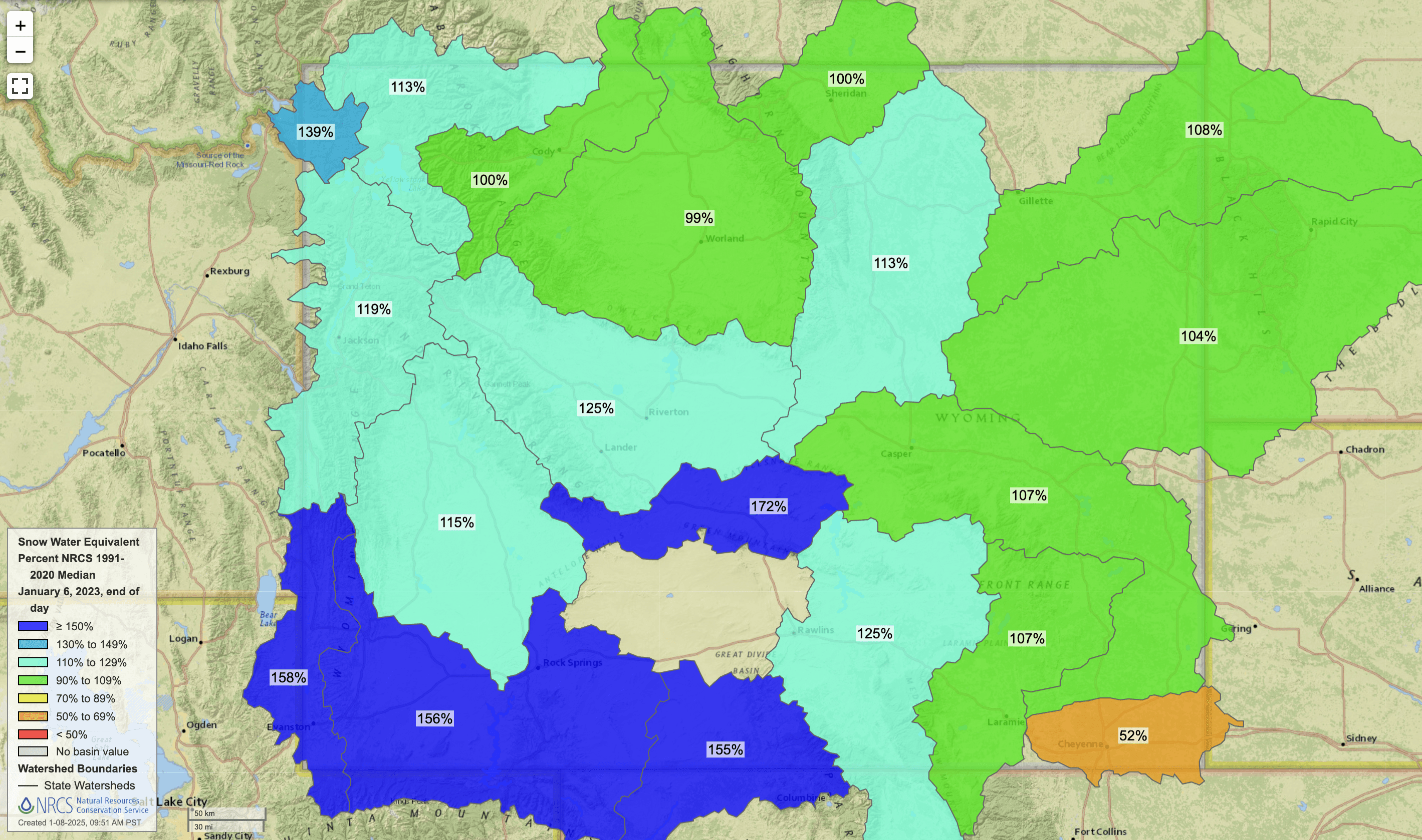 January 2023 Wyoming snow water equivalent map