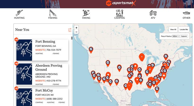 Map of military hunting opportunities provided by isportsman