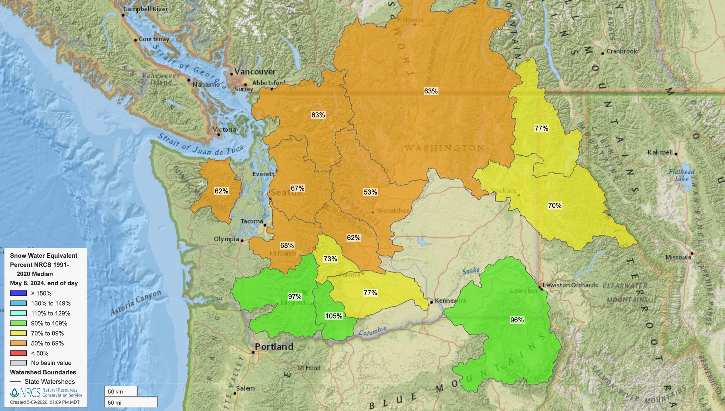 Washington early May 2024 snow water equivalent map