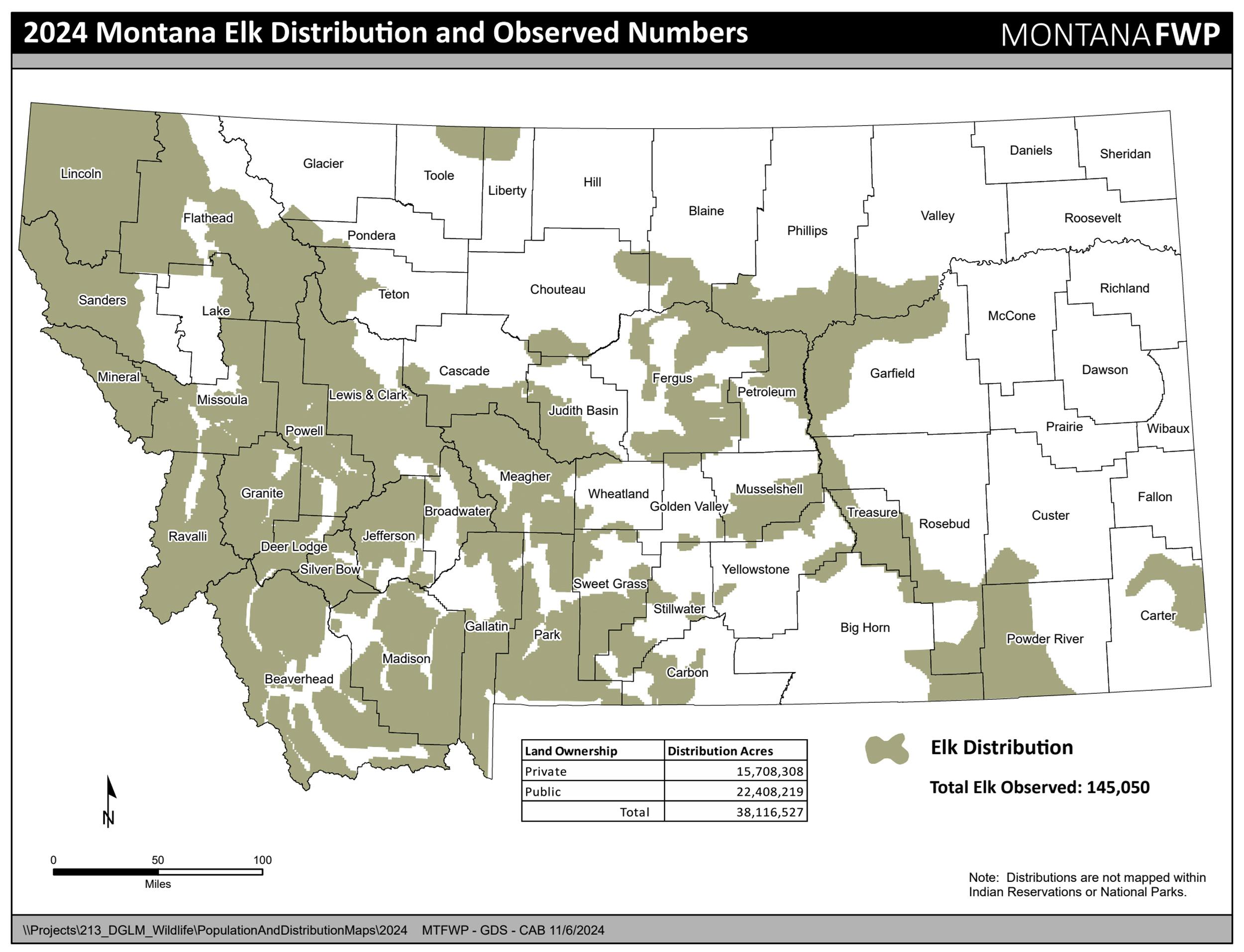 2024 Montana elk distribution and observed numbers