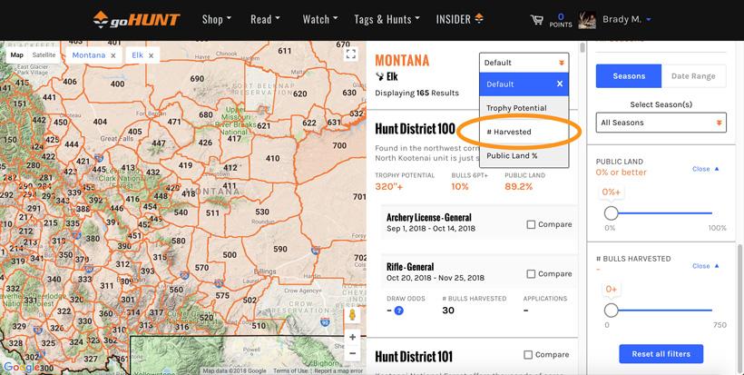 Number of bulls harvested sorted from highest to lowest