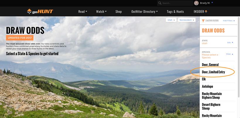Selecting a species or hunt on draw odds