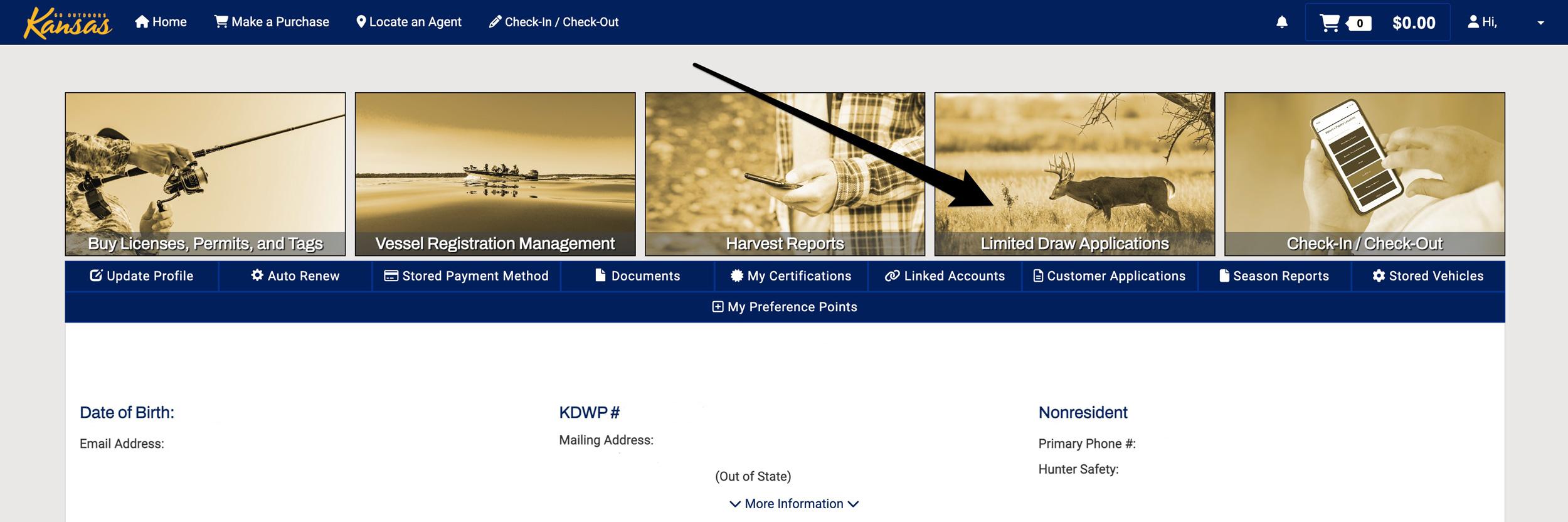 Limited Draw Applications section is where you can purchase Kansas preference point