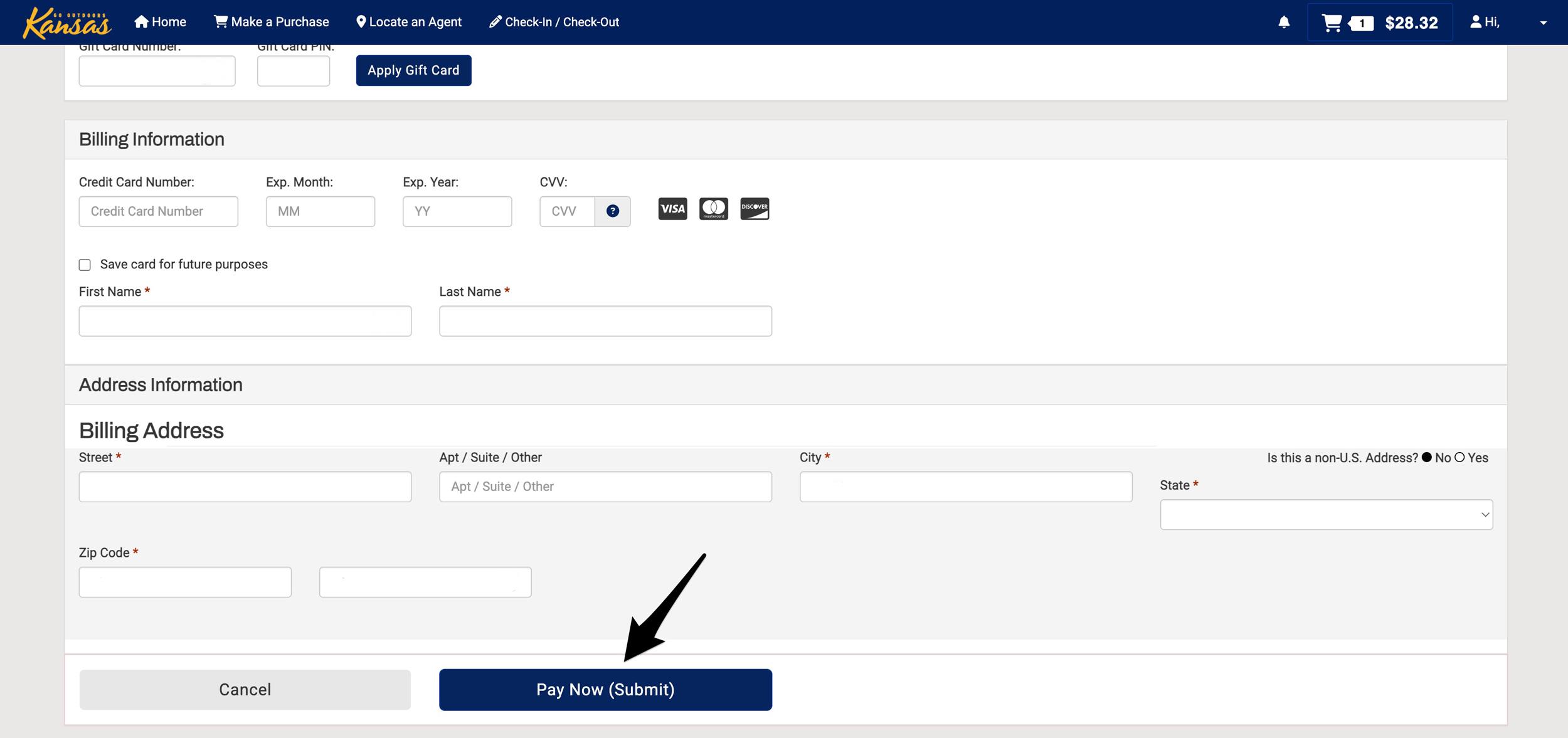 Entering credit card and billing information to buy Kansas hunting preference point