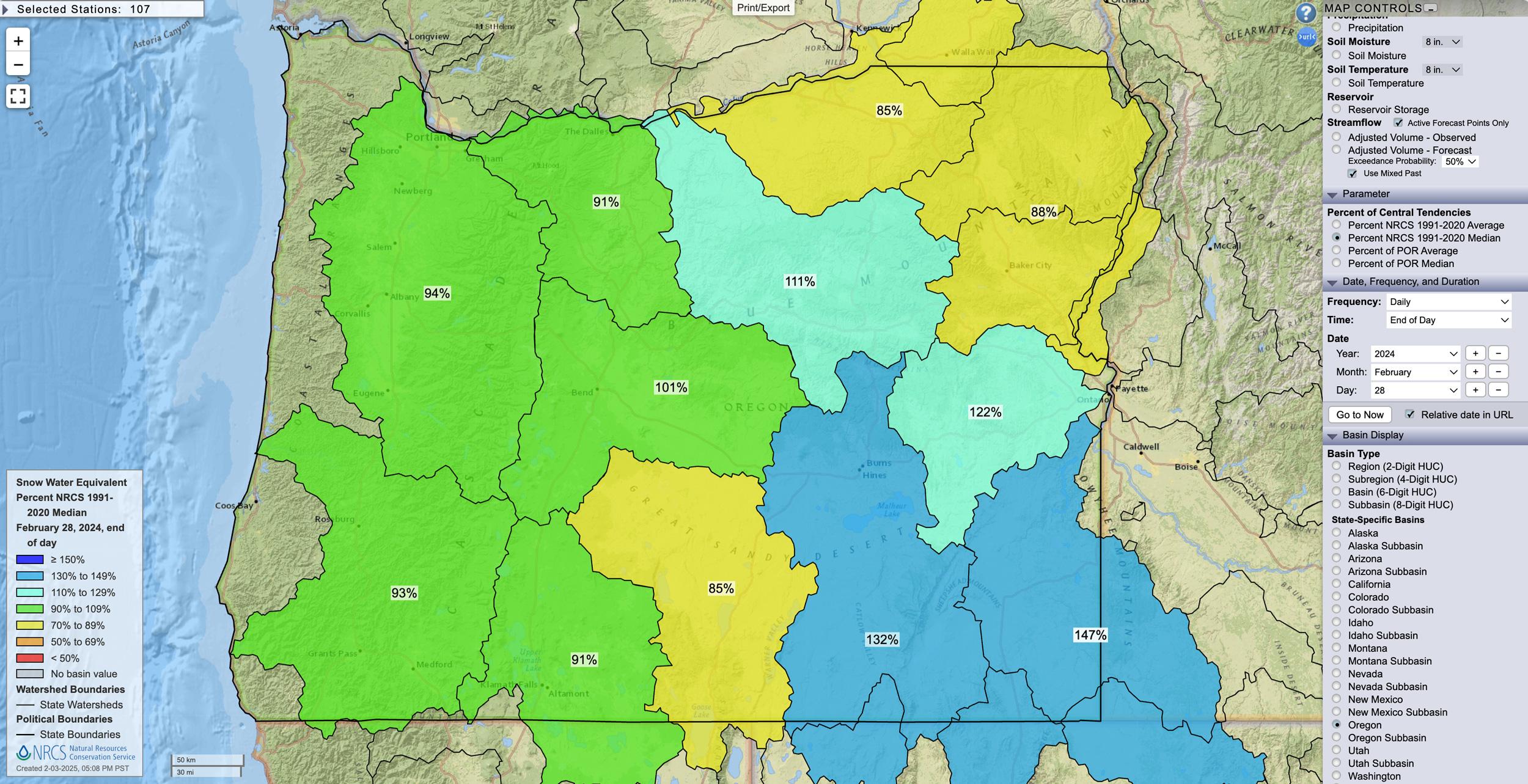 Oregon February 28, 2024 snow water equivalent percent map