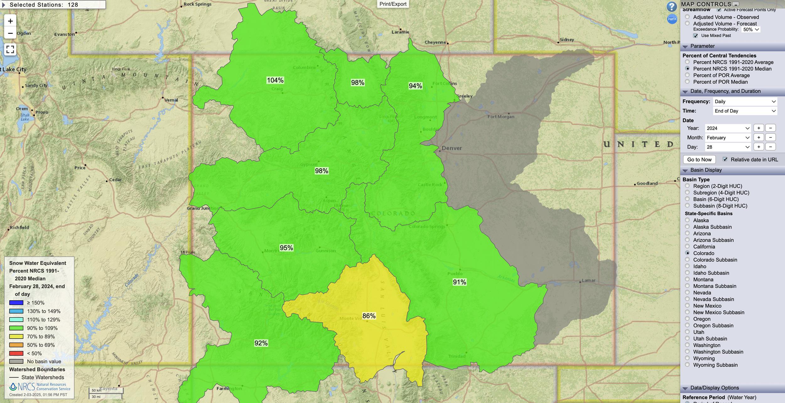 Colorado February 28, 2024 snow water equivalent percent map