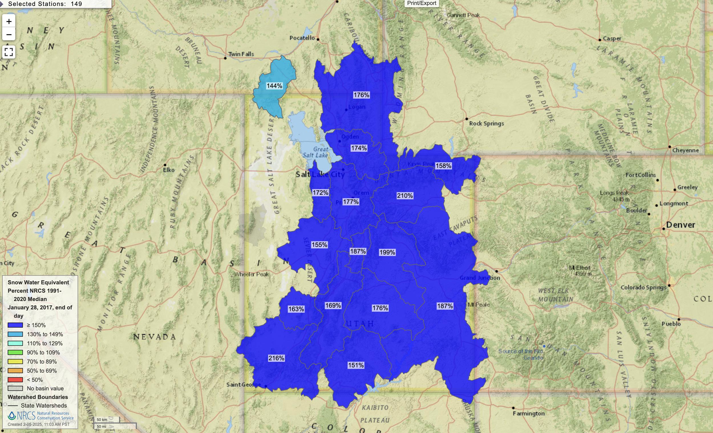 Utah January 28, 2017 snow water equivalent percent map