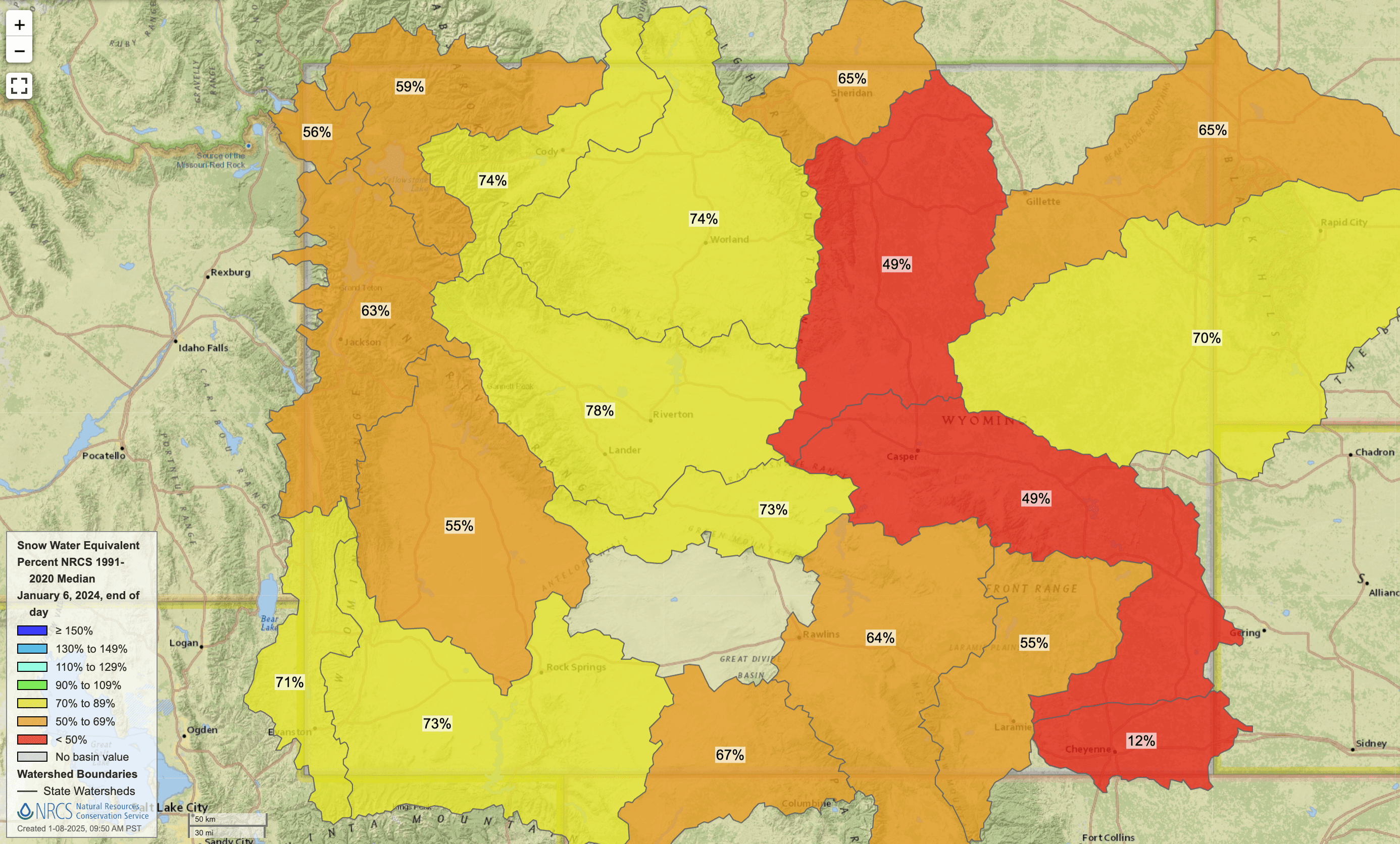 January 2024 Wyoming snow water equivalent percent of normal