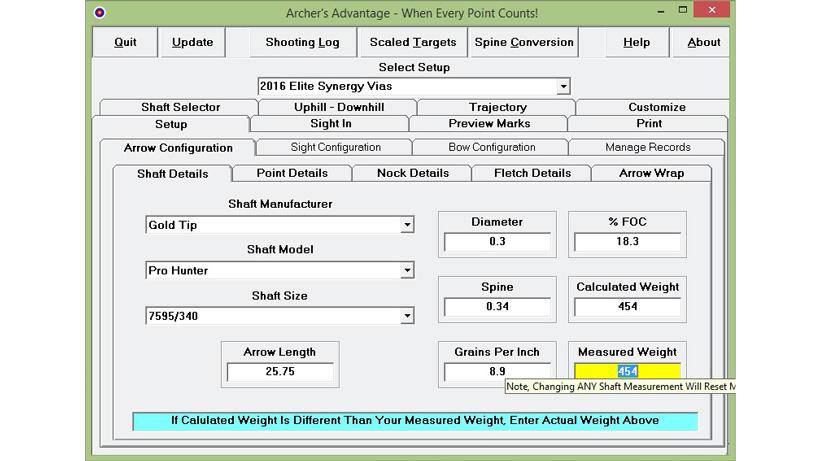 Entering arrow shaft details using archers advantage_0
