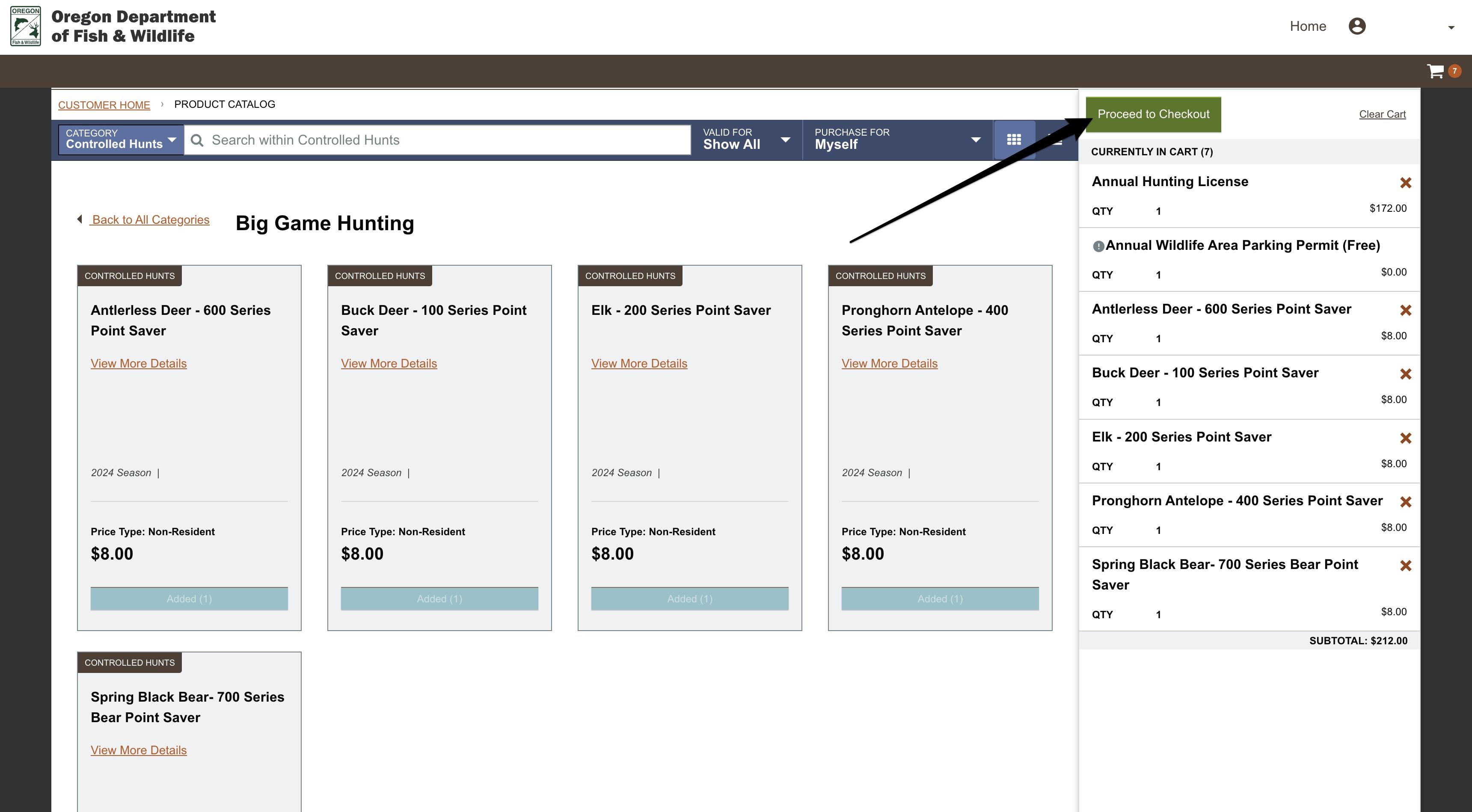 Proceed to checkout after adding Oregon controlled hunts you want to purchase preference points for