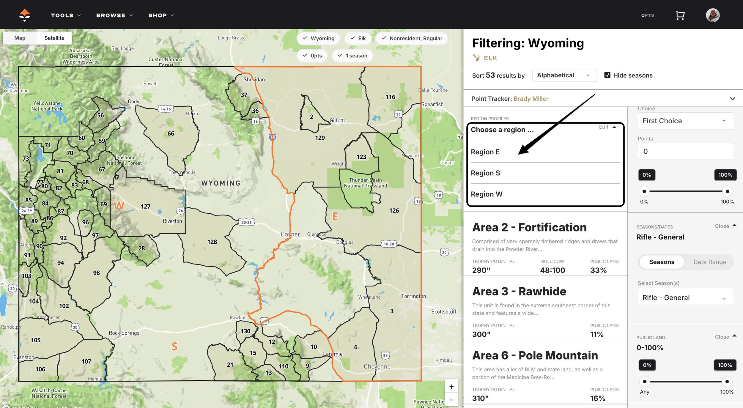 Wyoming nonresident general season elk hunting new region map on GOHUNT Filtering