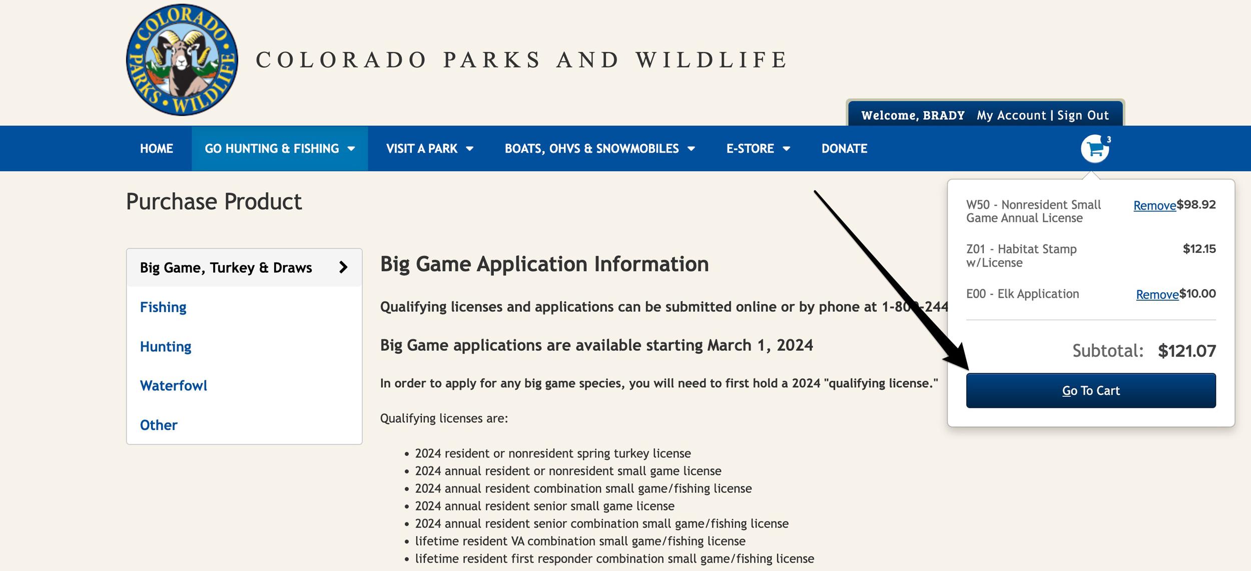 Checking out after selecting all Colorado species to purchase preference points for