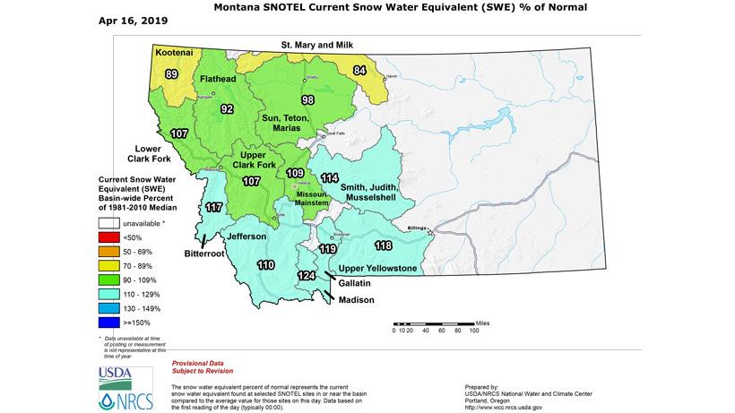 Montana snow water equivalent as of mid april 2019
