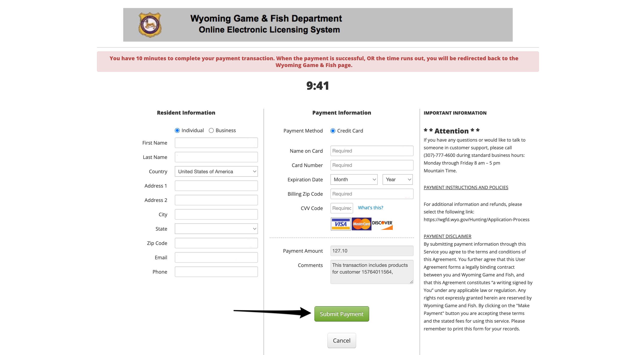 Entering credit card payment information to purchase Wyoming preference points