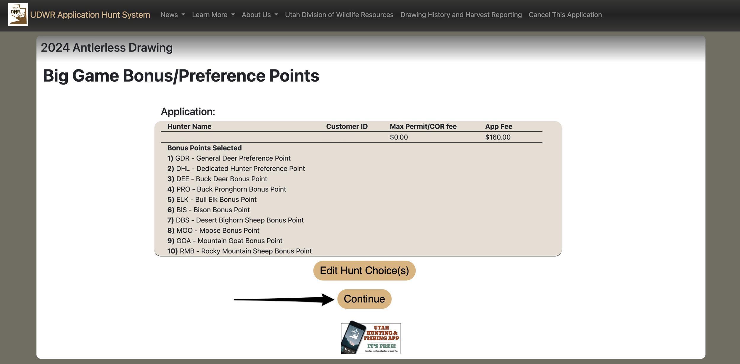 Reviewing your bonus point and preference point selection in Utah