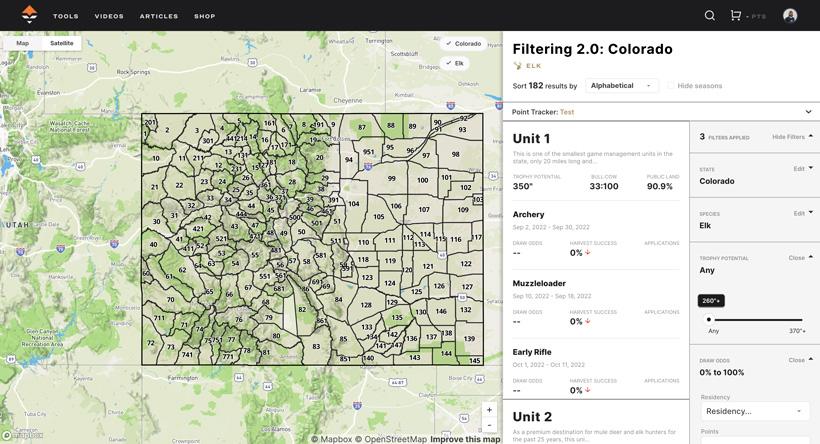 Setting up filtering for colorado otc elk hunting