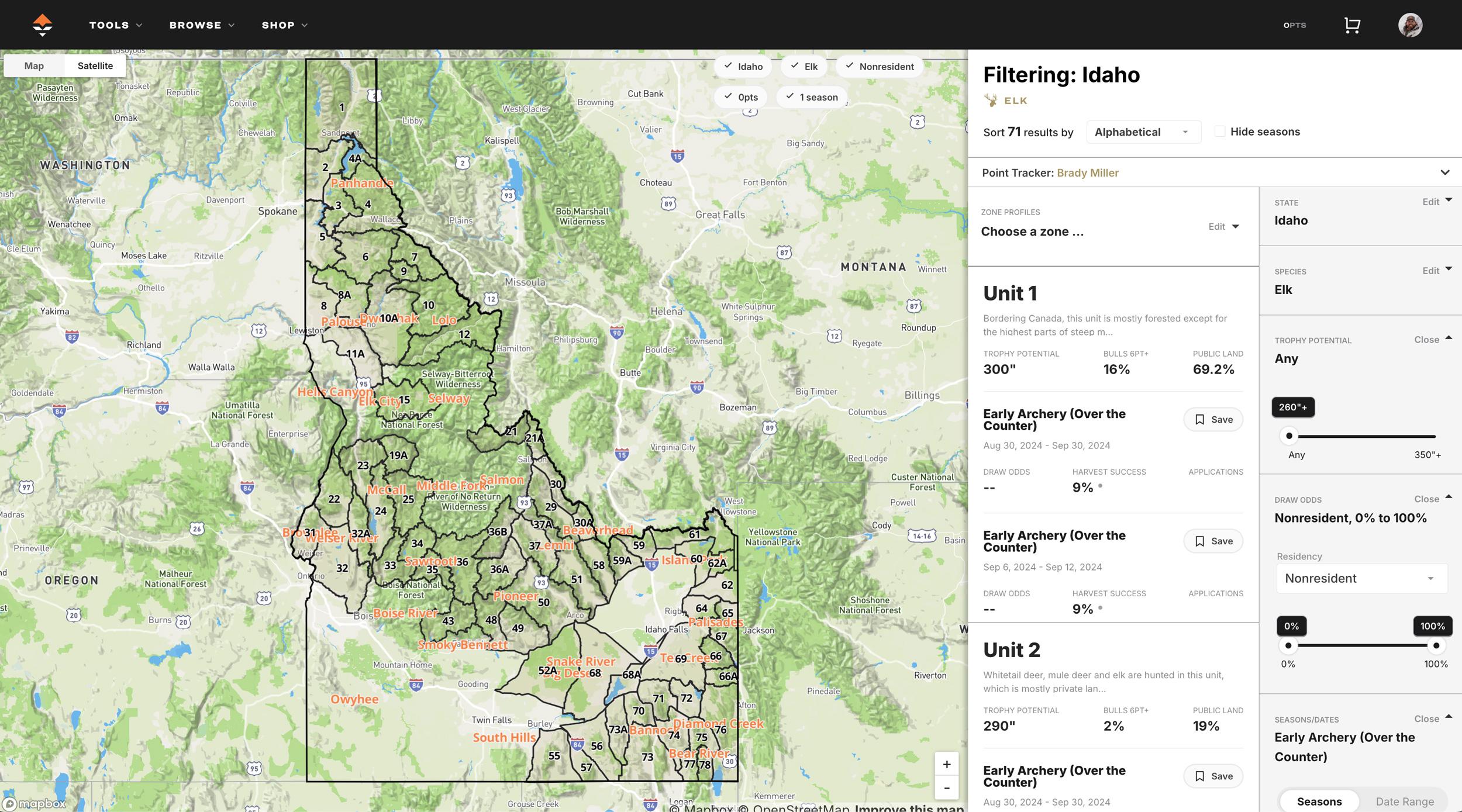 Researching Idaho general season deer and elk hunts on GOHUNT