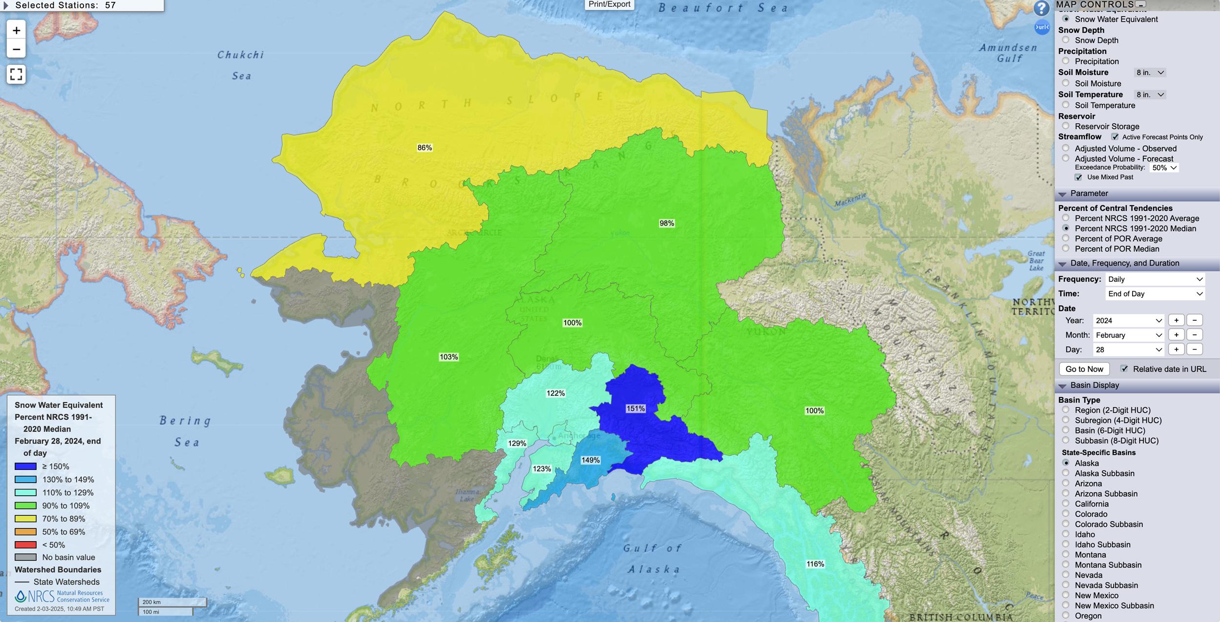 Alaska February 28, 2024 snow water equivalent percent map