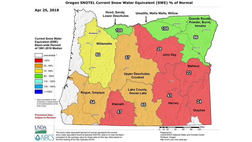 Oregon april 25 2018 snow water equivalent