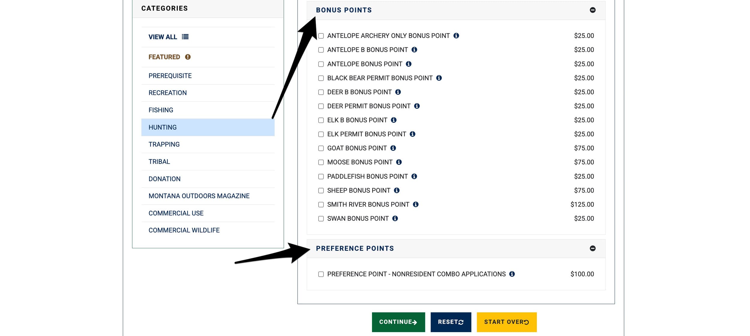 Purchasing Montana hunting bonus points and preference points selection page