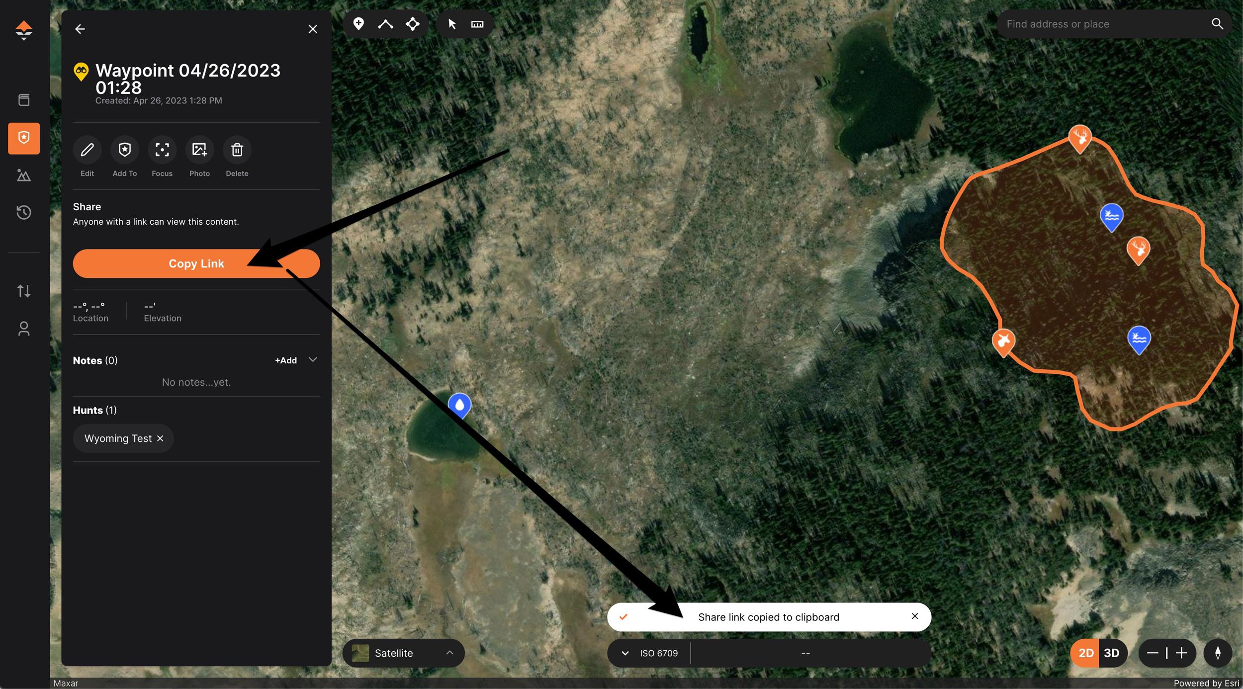 Using the copy link to share your individual hunting waypoint