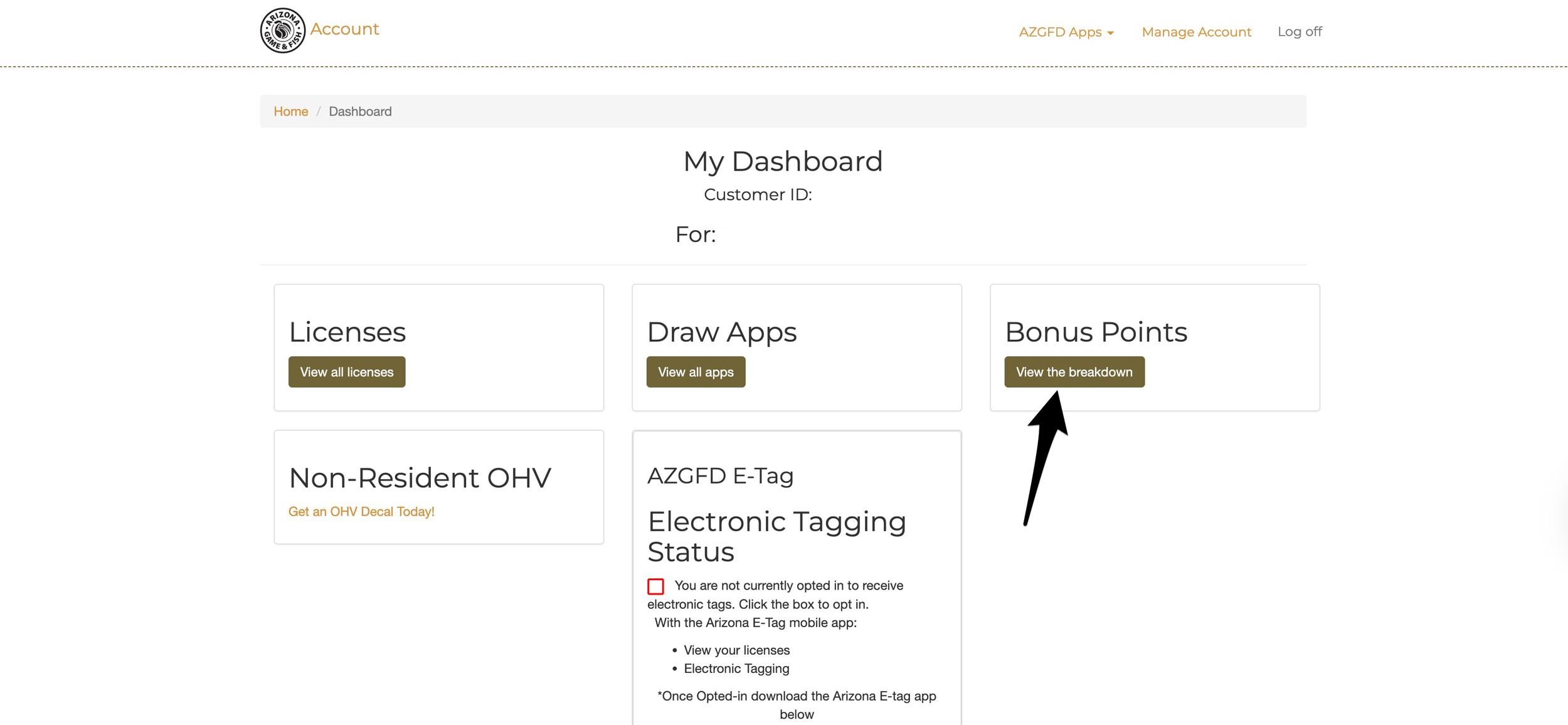 Arizona dashboard to view hunting bonus points