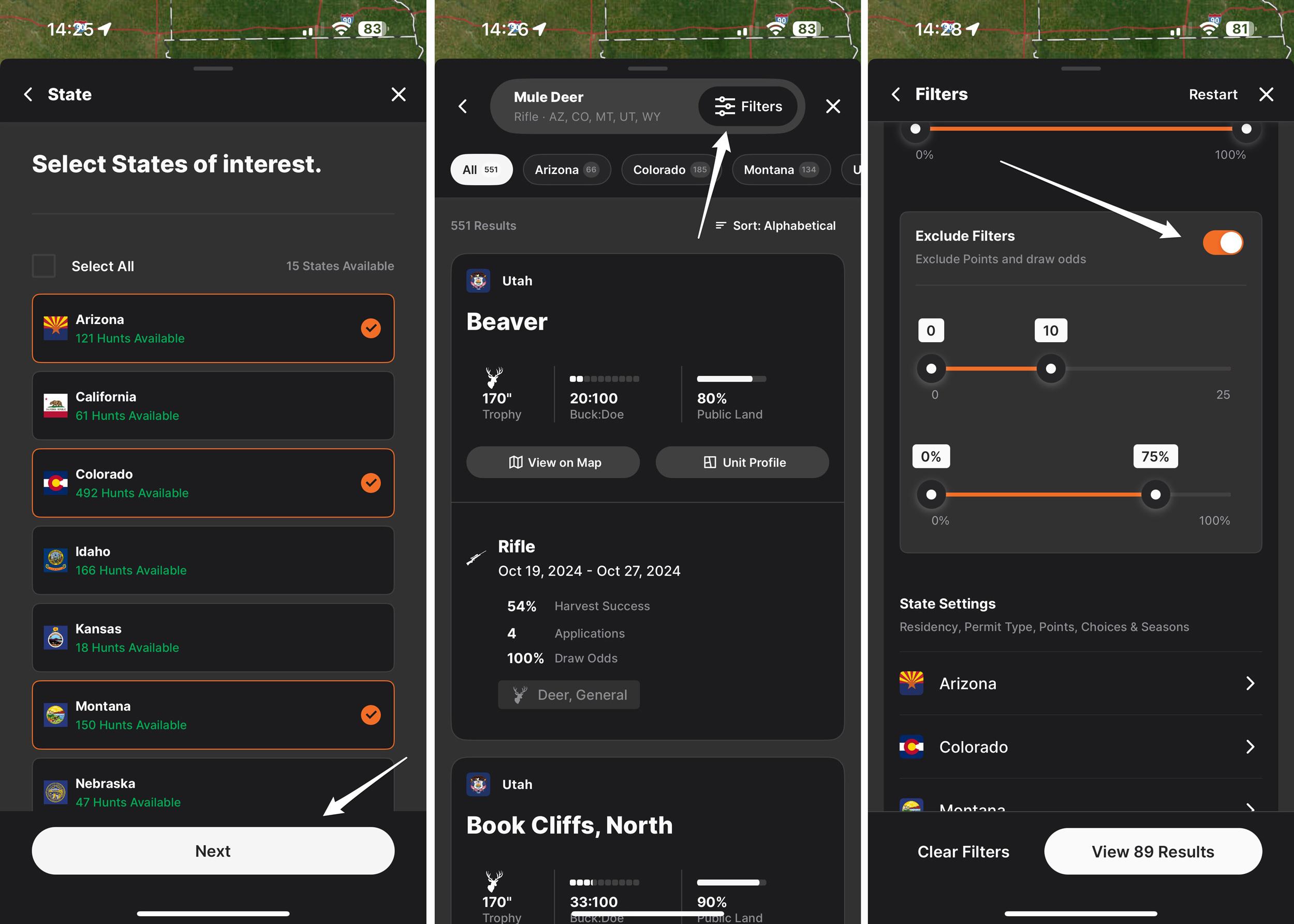 Selecting multiple states to research and point exclusion filter to find hunts