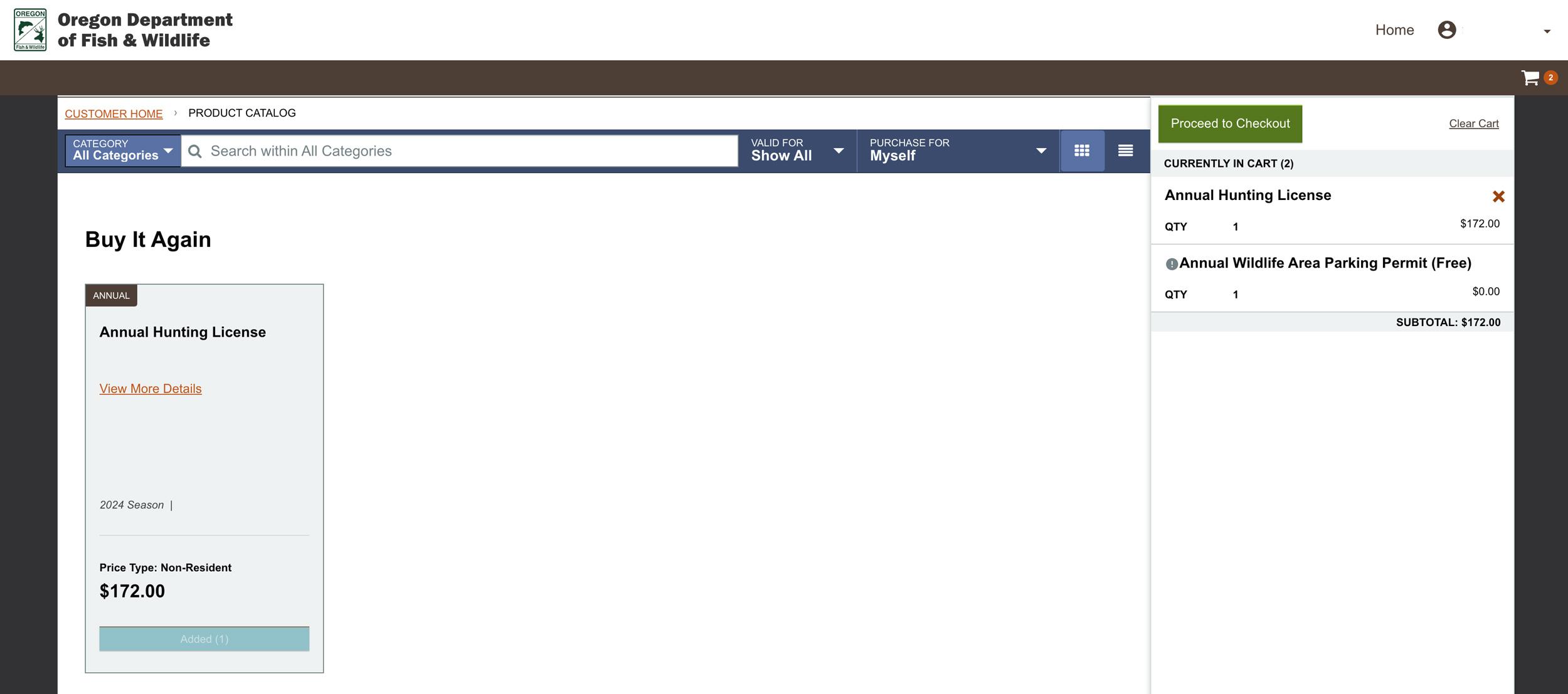 Oregon licensing page showing annual hunting license added to cart
