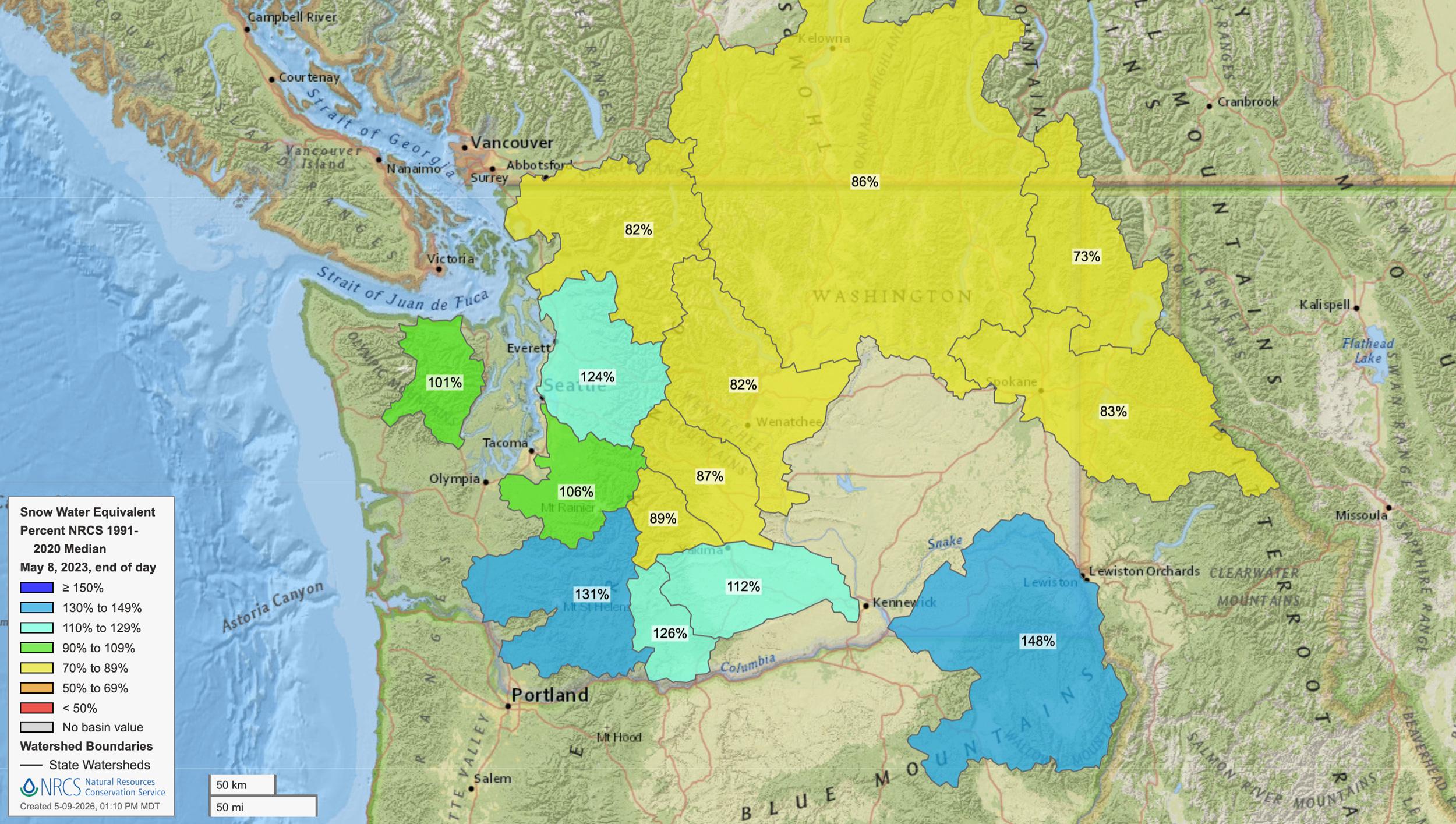 Washington early May 2023 snow water equivalent map