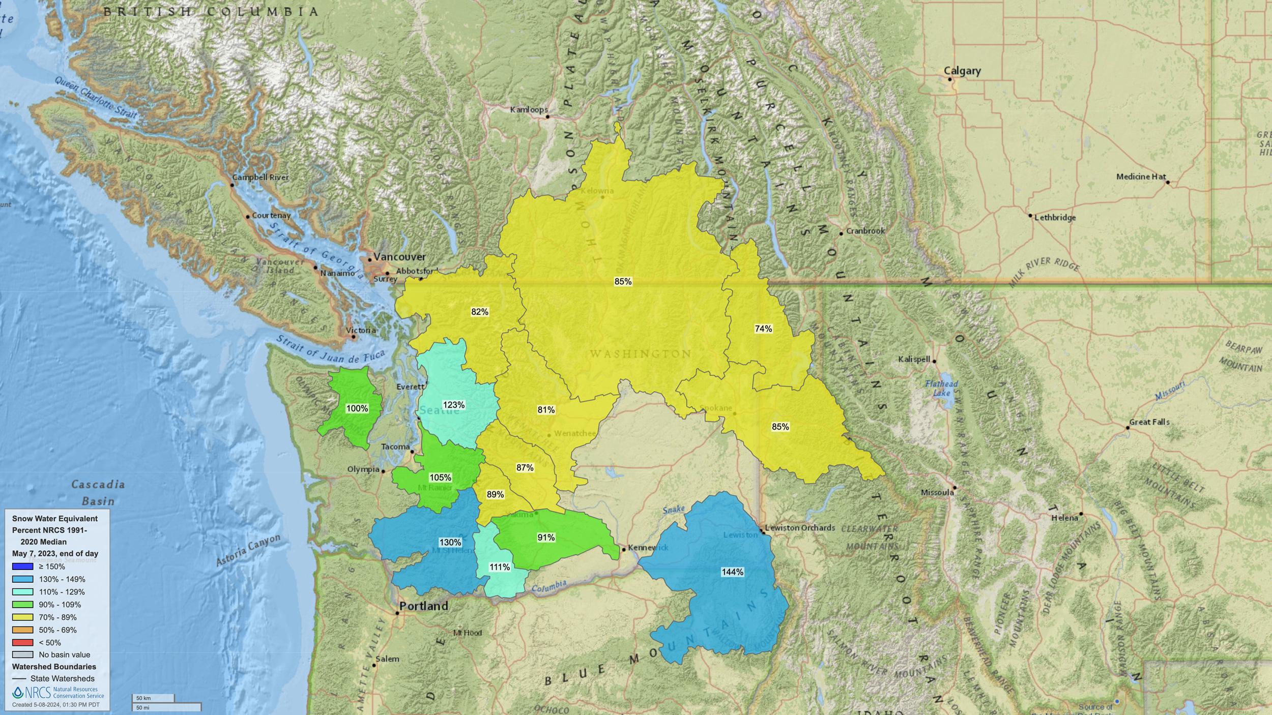 2023 Washington early May snow water equivalent map