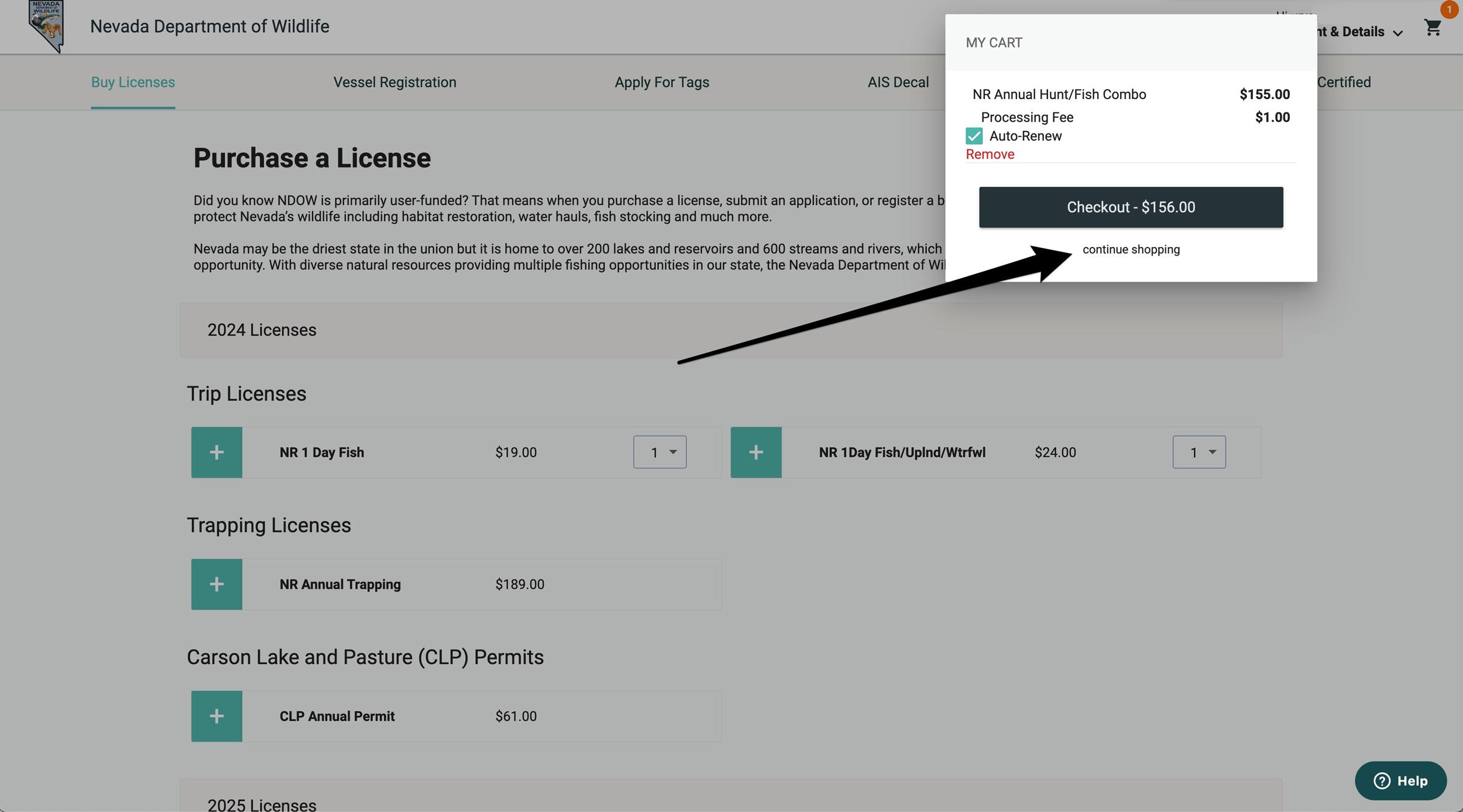 Nevada hunting license added to shopping cart