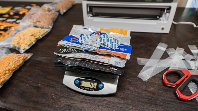 All the wrapper weight from five freeze dried meals