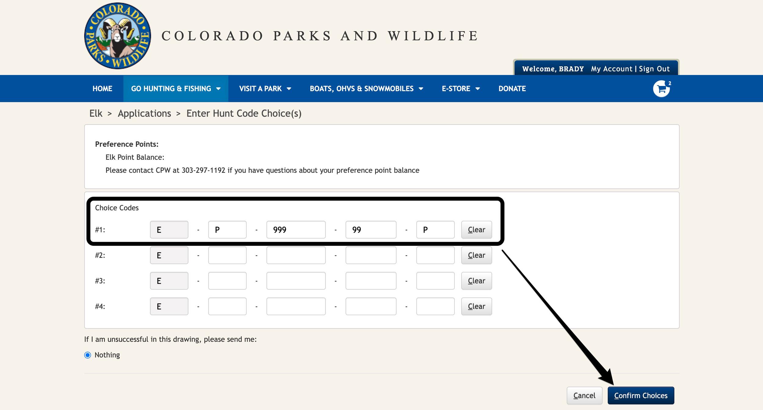 Colorado elk preference point code