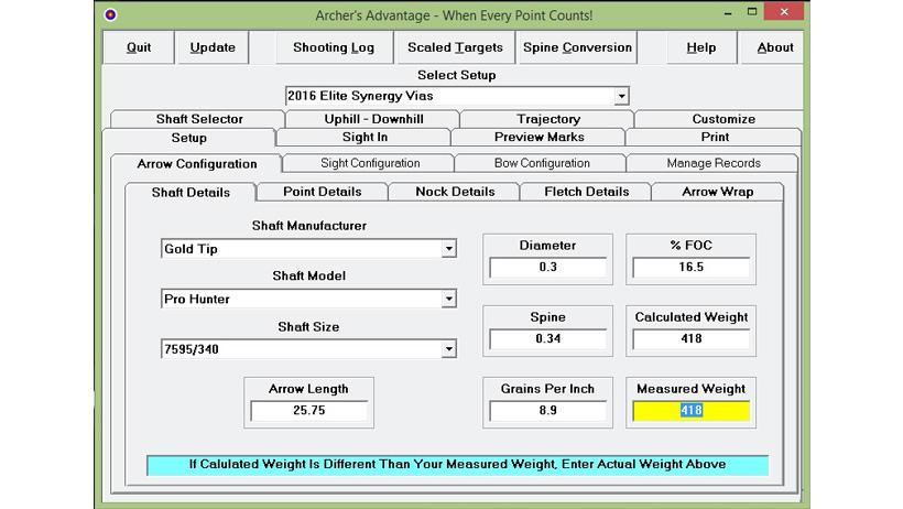 Entering arrow shaft details using archers advantage 2_0