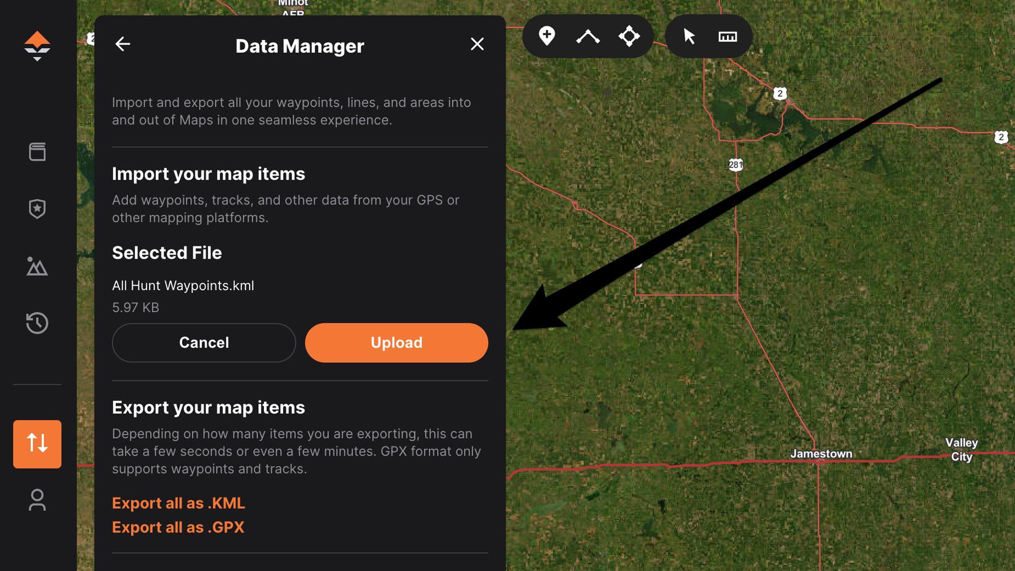Dropping your KML file of waypoints to upload to GOHUNT Maps