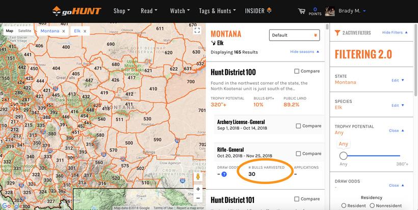 Montana number of bulls harvested per hunt district