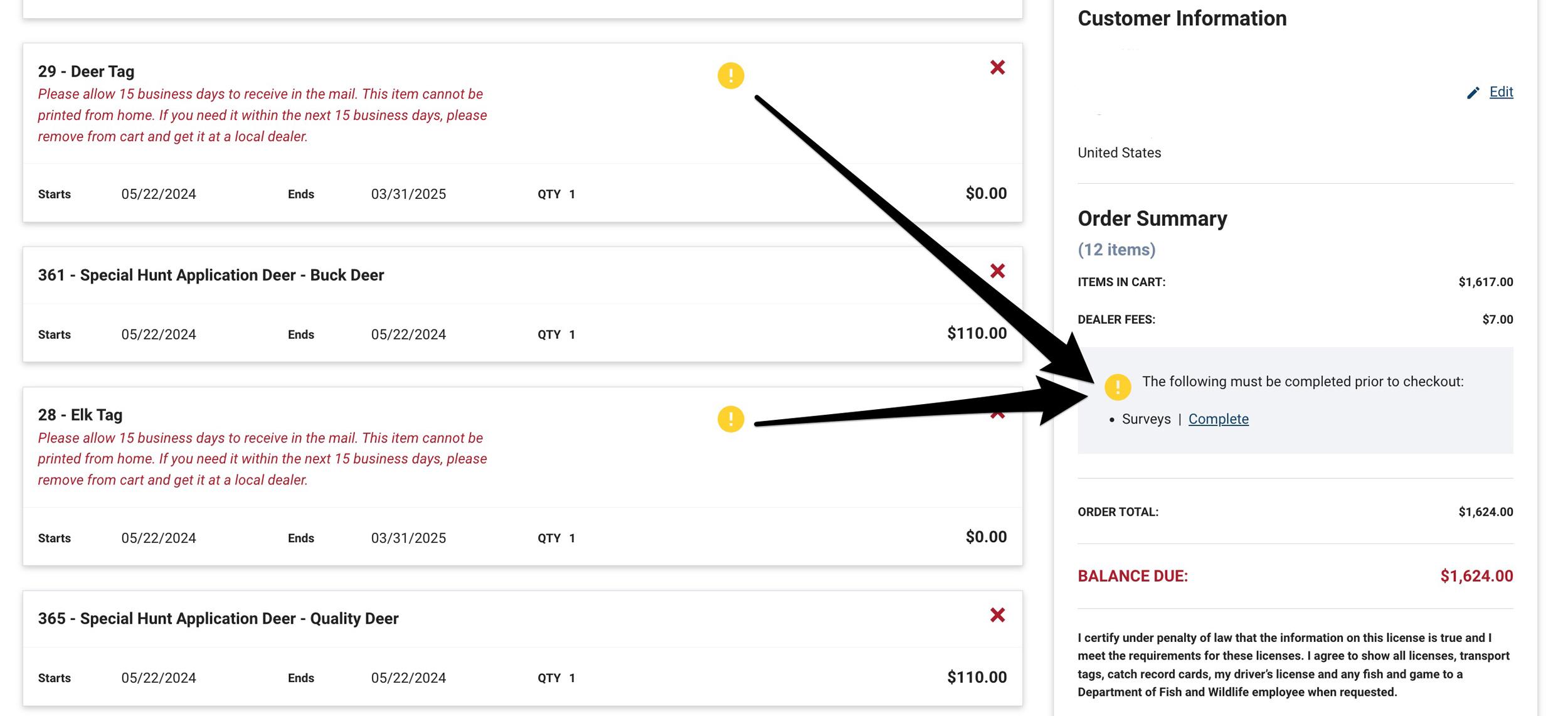 Must complete surveys notification before completing Washington hunting application