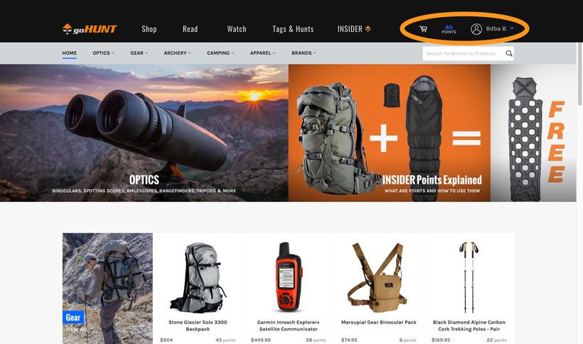 Gohunt store with points showing in header