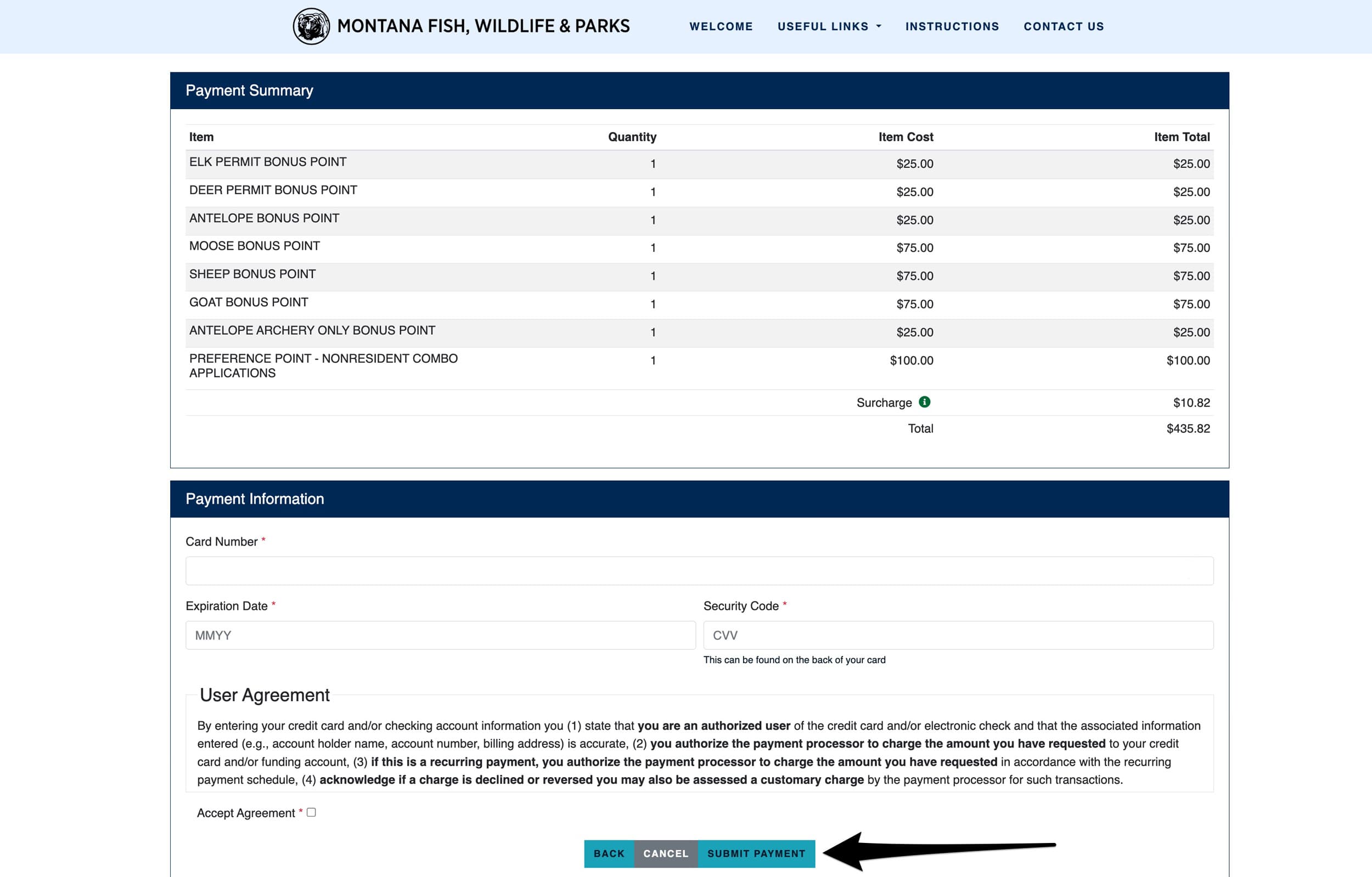 Entering payment information to purchase Montana bonus and preference points