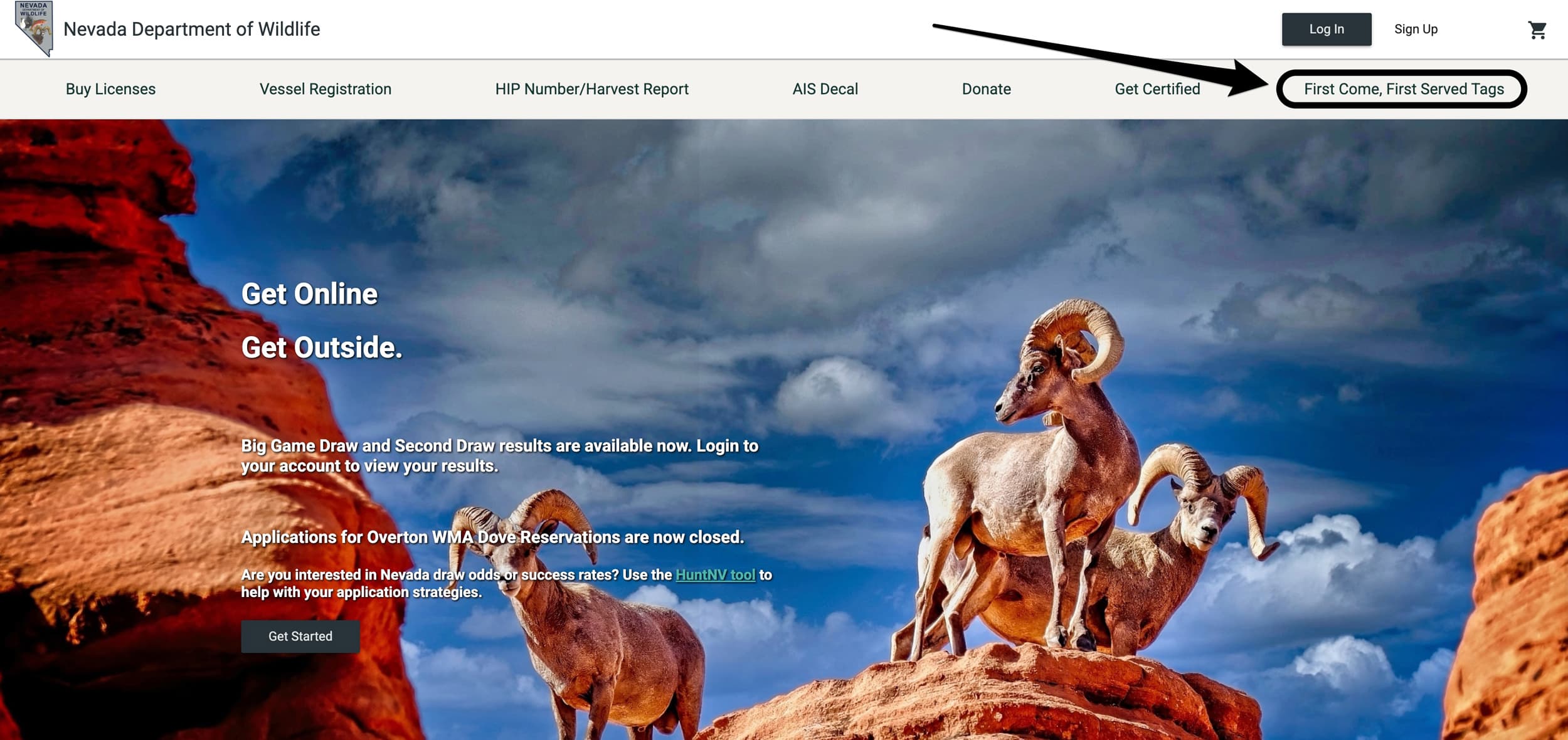 Nevada licensing screenshot showing NDOW first come first serve returned hunting tag list is live
