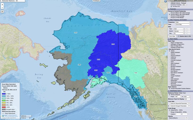 Alaska February 28, 2022 snow water equivalent percent map